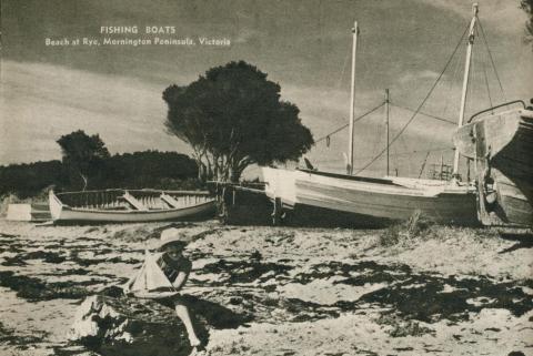 Fishing boats, beach at Rye, Mornington Peninsula, 1954