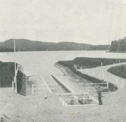 Outlet of the Upper Yarra-Silvan Conduit at Silvan Reservoir, Upper Yarra Dam, 1954