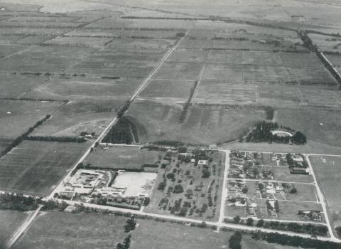 Aerial view of a portion of the Metropolitan Farm, showing Township, Werribee, 1956