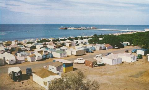 Campers and caravaners at the foreshore, Portarlington, 1958
