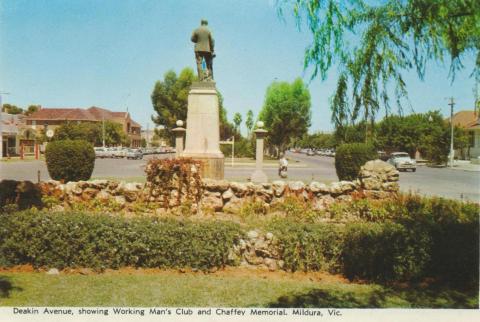 Deakin Avenue, showing Working Man's Club and Chaffey Memorial, Mildura, 1964