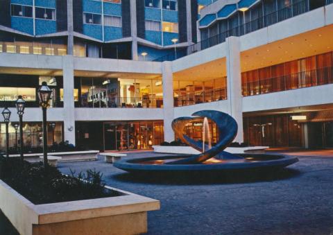 Southern Cross Hotel Plaza and fountain at dusk, Melbourne, 1971