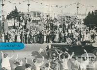 The Queen and Duke of Edinburgh passing the gates of the Fairfield Mill, 1954