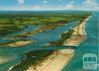 Aerial view showing the Entrance with township in background, Lakes Entrance