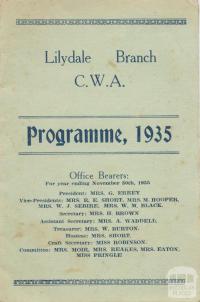 Lilydale CWA Branch, Programme, 1935
