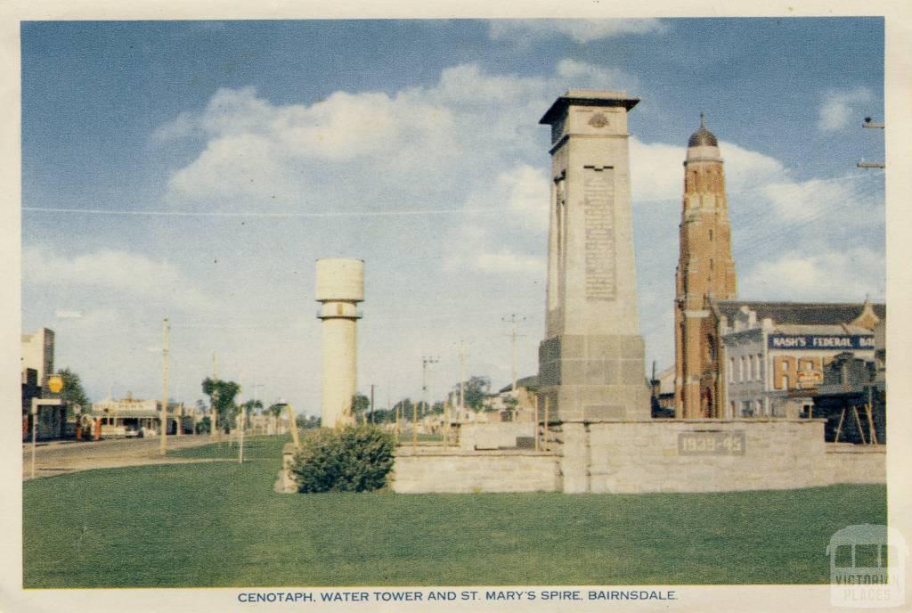 Cenotaph, Water Tower and St Mary's Spire, Bairnsdale