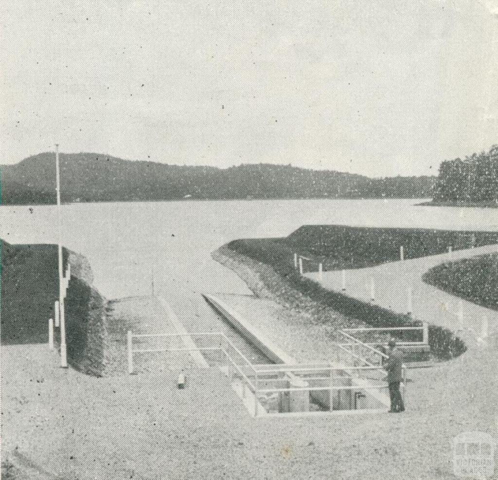 Outlet of the Upper Yarra-Silvan Conduit at Silvan Reservoir, Upper Yarra Dam, 1954