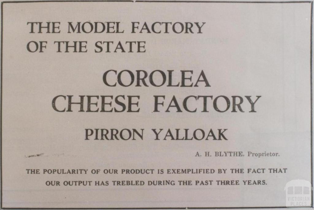 Advertisement Corolea cheese factory, Colac, 1937