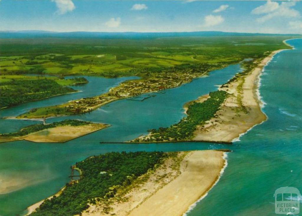 Aerial view showing the Entrance with township in background, Lakes Entrance