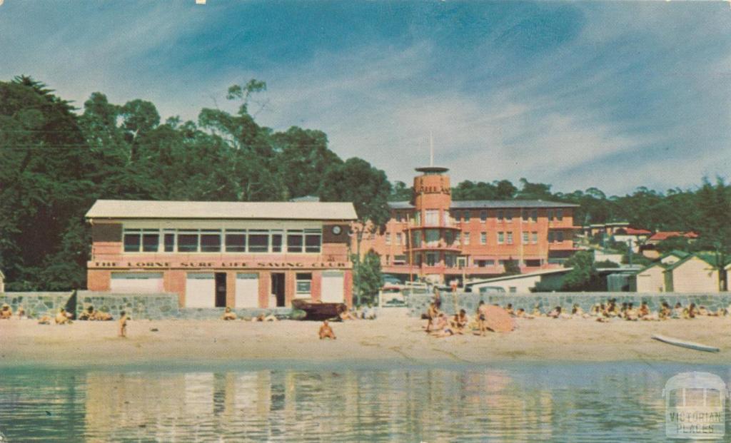 Beach at Lorne with Life Saving Club in foreground and Cumberland Guest House in background