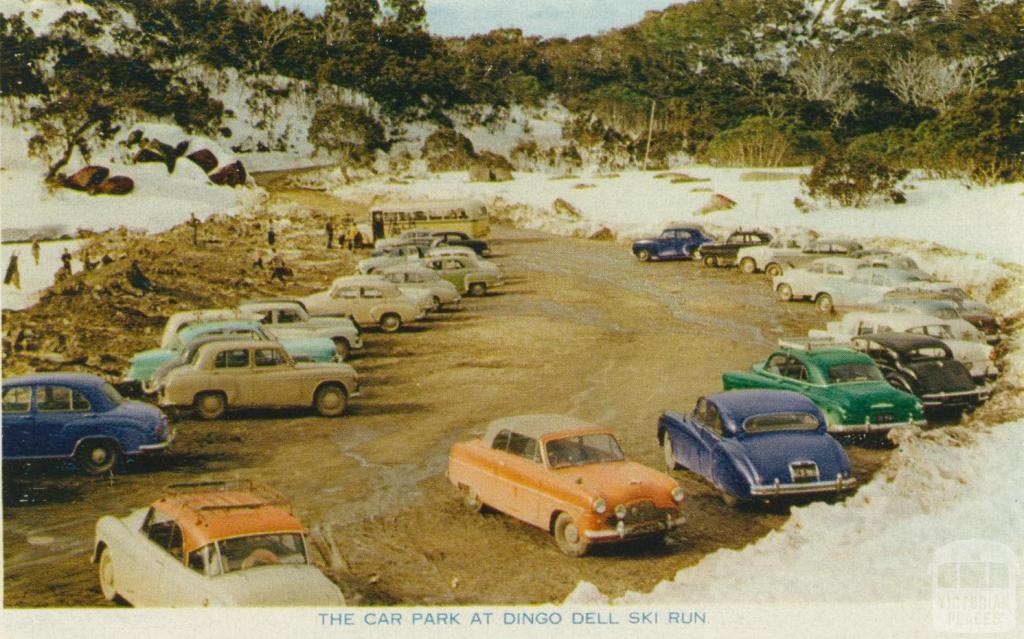 The car park at Dingo Dell Ski Run, Mount Buffalo, 1958
