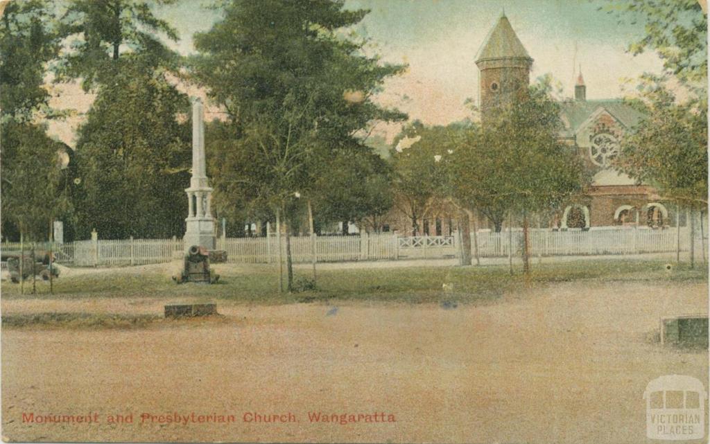 Monument and Presbyterian Church, Wangaratta, 1908