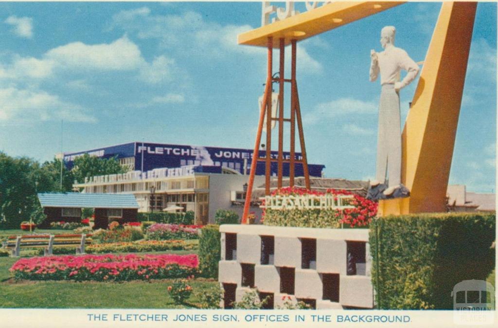 The Fletcher Jones sign, office in background, Pleasant Hill, Warrnambool